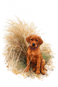 Aquarell-Illustration eines foxred Labrador Welpen im Dünengras