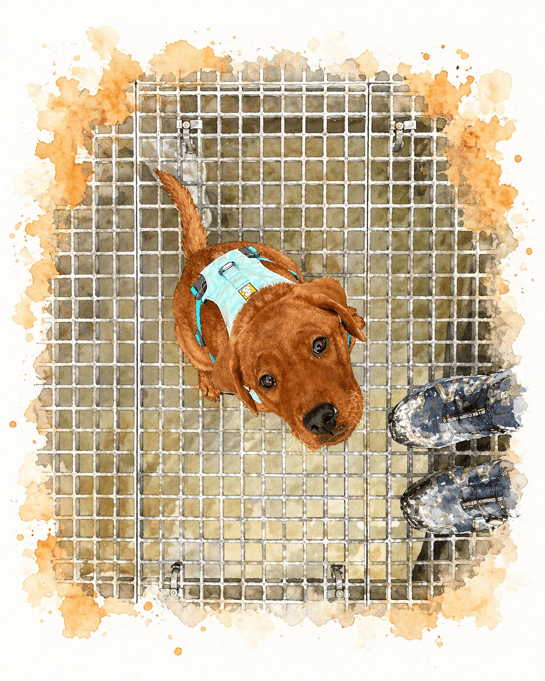 Aquarell-Illustration eines Welpen in einer Hundebox