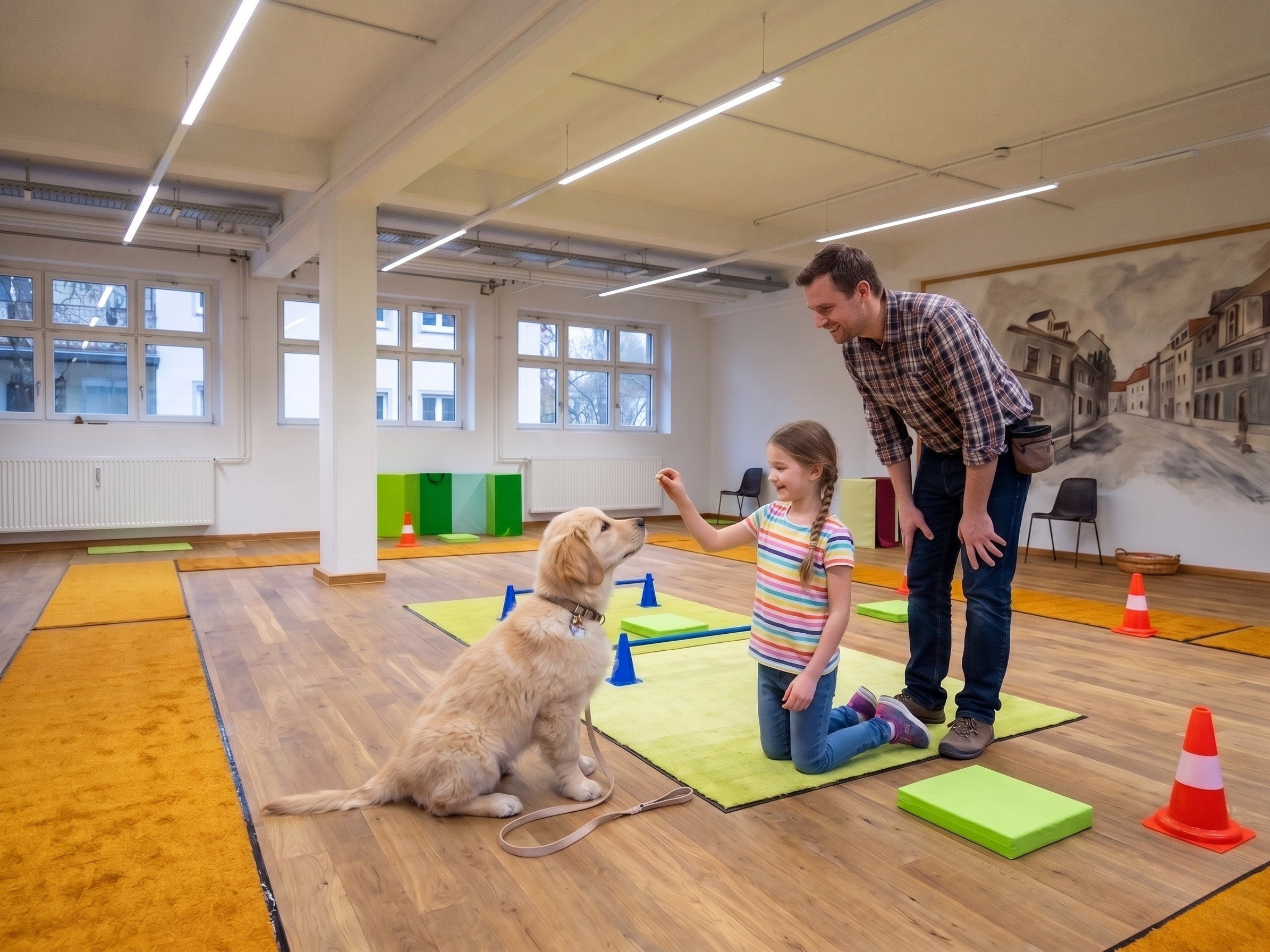Familientraining in der Indoor-Halle mit Kind, Hund und Trainer bei foxred & brindle