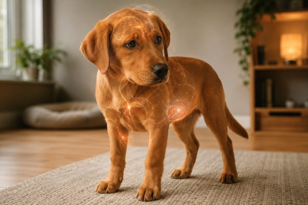 Junger Hund in der Adoleszenz steht aufmerksam im Wohnzimmer