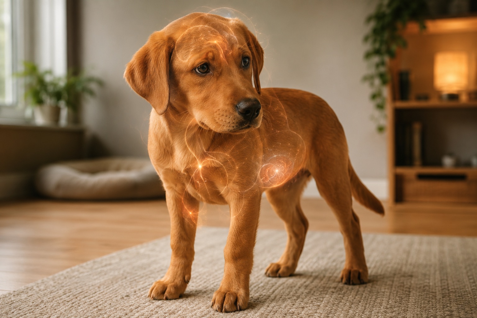 Junger Hund in der Adoleszenz steht aufmerksam im Wohnzimmer