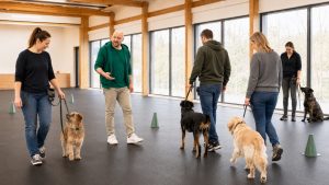 Mehrere Hunde üben an der Leine auf Distanz, Begegnungstraining bei foxred & brindle
