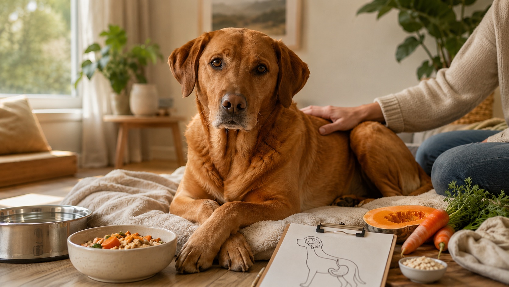 Entspannter roter Labrador neben Futternapf und einer Anatomie-Skizze zur Darm-Hirn-Achse