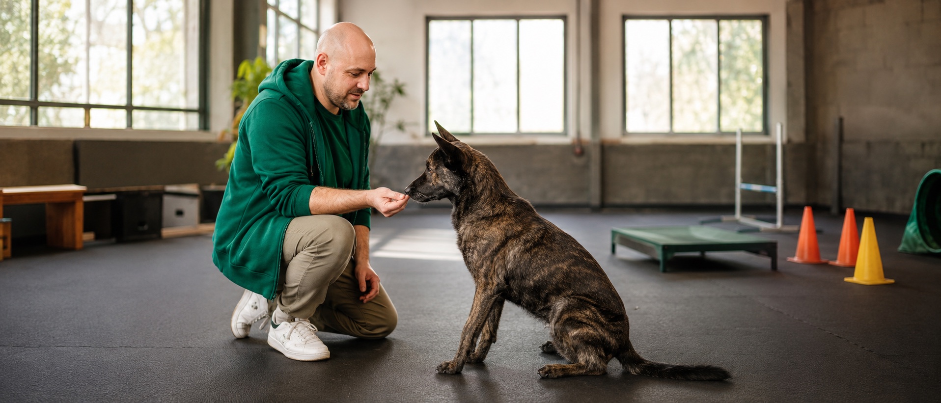 Trainer von foxred & brindle belohnt einen ruhig sitzenden Brindle-Hund im Indoor-Trainingscenter in Liestal