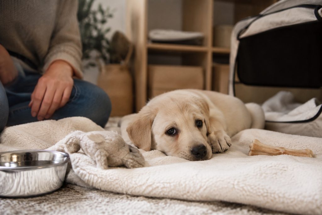 Labrador-Welpe entspannt auf einer Decke zu Hause an den ersten Tagen – foxred & brindle