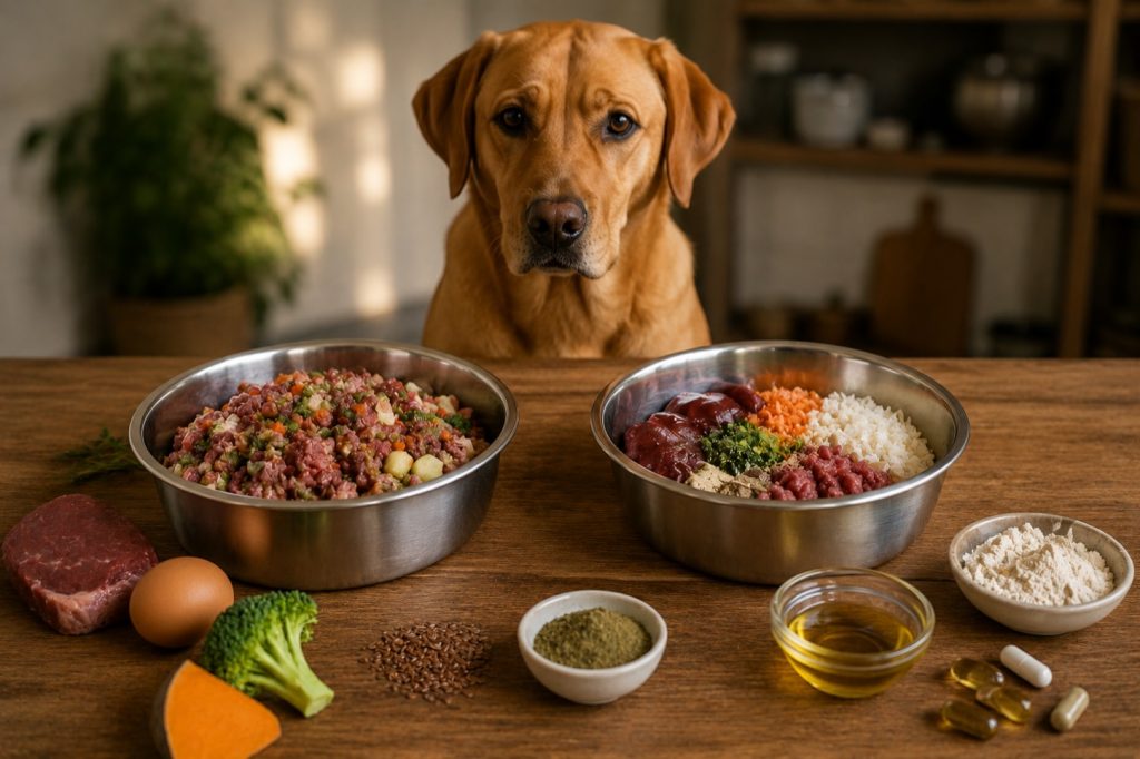 Zwei Hundenäpfe nebeneinander auf einem Holztisch: links ein fertiges Menü, rechts eine selbst zusammengestellte Ration aus Fleisch, Reis, Gemüse und Innereien, dazu Zutaten und Öl, dahinter ein foxred Labrador.