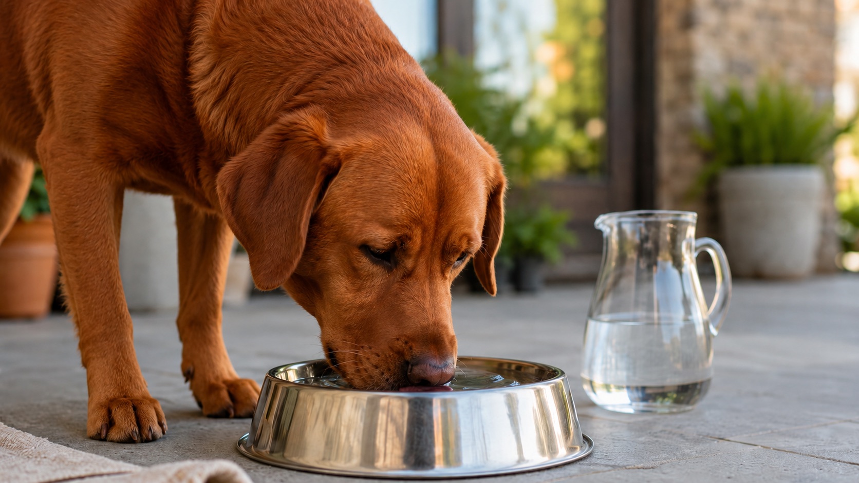 Roter Labrador trinkt Wasser aus einem Edelstahlnapf, daneben ein Wasserkrug