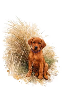 Aquarell-Illustration eines foxred Labrador Welpen im Dünengras