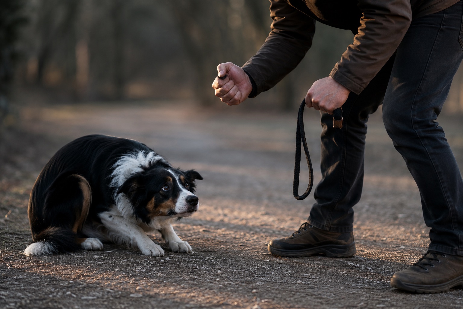 Mensch beugt sich mit erhobener Faust drohend über einen geduckten Hund