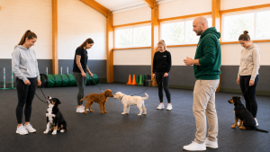 Welpengruppe im Indoor-Trainingscenter von foxred & brindle in Liestal: junge Hunde begegnen sich unter Anleitung