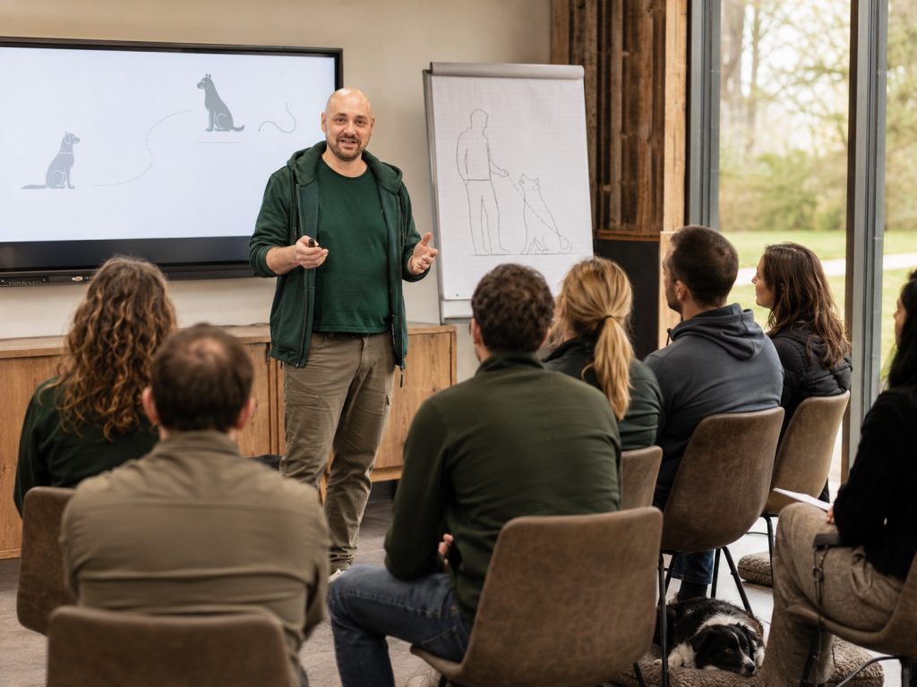 Trainer hält ein Hundeseminar vor einer kleinen Gruppe bei foxred & brindle in Liestal, Theorieformat ohne Hund.