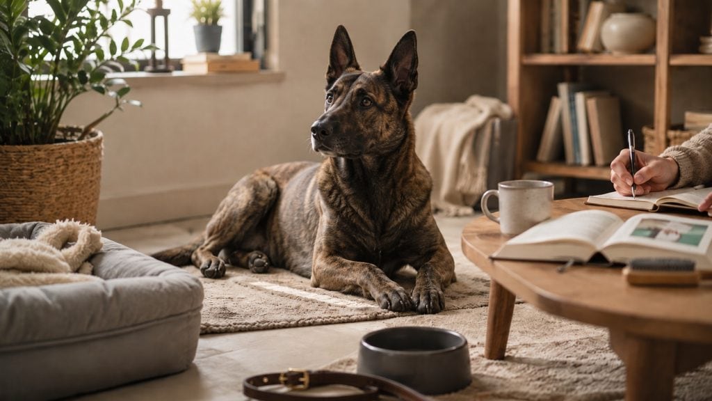 Gestromter Hund liegt entspannt in einem gemütlichen Wohnraum, daneben macht eine Person mit Buch und Kaffee Notizen; Bücherregal und Pflanzen im Hintergrund