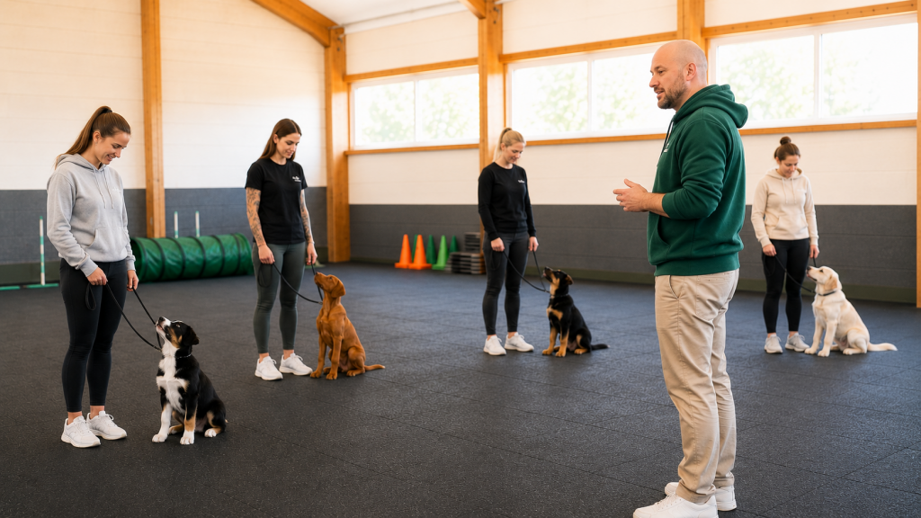 Junghundegruppe bei foxred & brindle in Liestal: Hunde lernen im Indoor-Trainingscenter unter Anleitung von Hundetrainer Jens