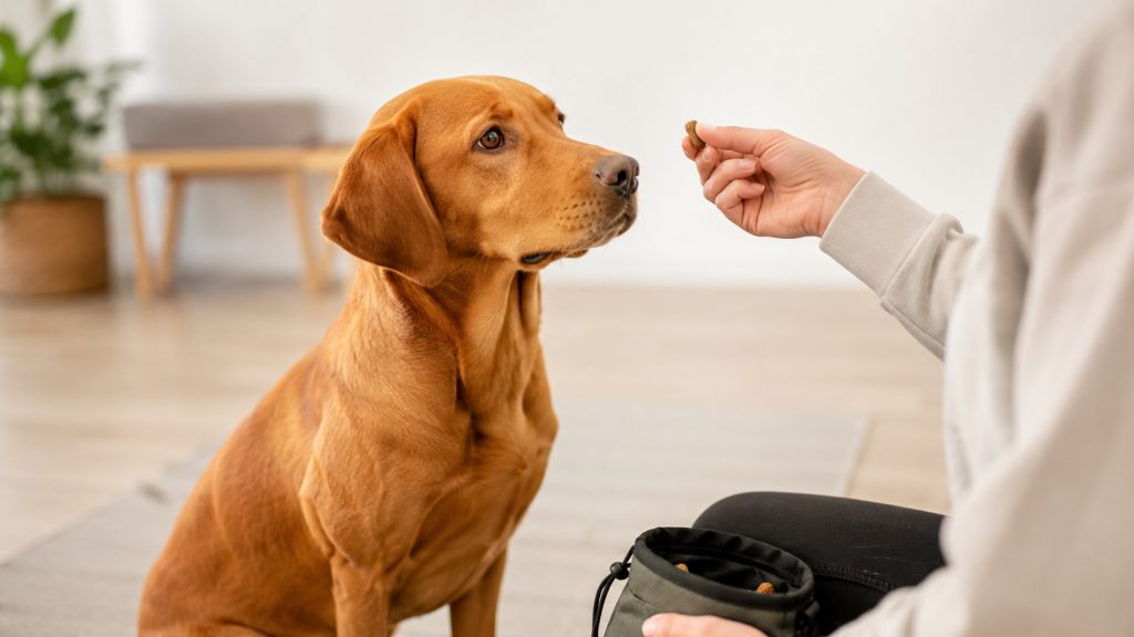 Hand reicht einem roten Labrador ein Leckerli aus dem Leckerli-Beutel