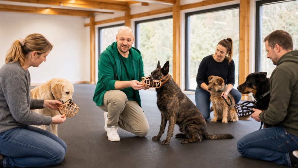 Hund gewöhnt sich im positiven Maulkorbtraining an den Korbmaulkorb in der Hundeschule foxred & brindle, Liestal.