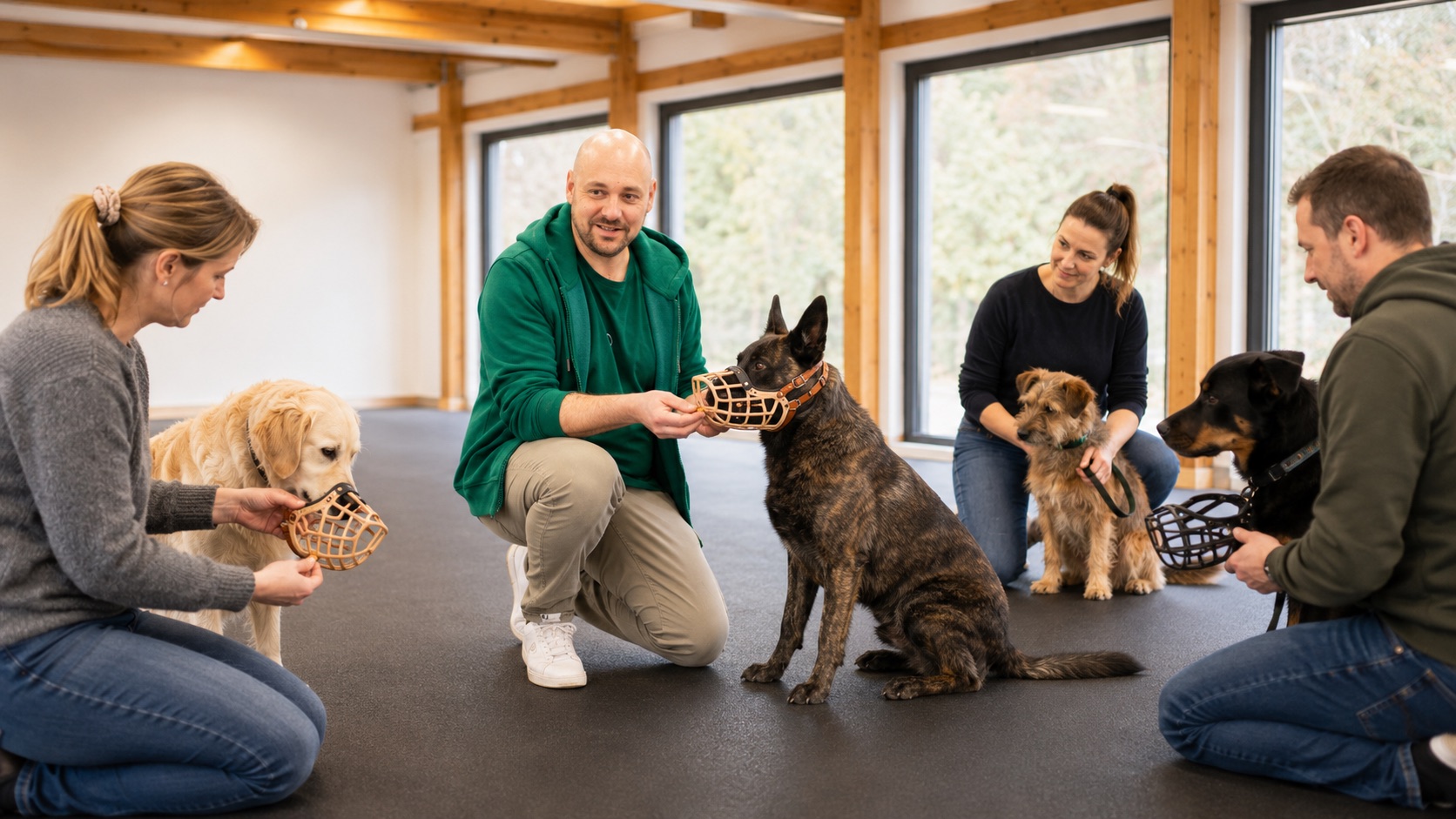 Hund gewöhnt sich im positiven Maulkorbtraining an den Korbmaulkorb in der Hundeschule foxred & brindle, Liestal.