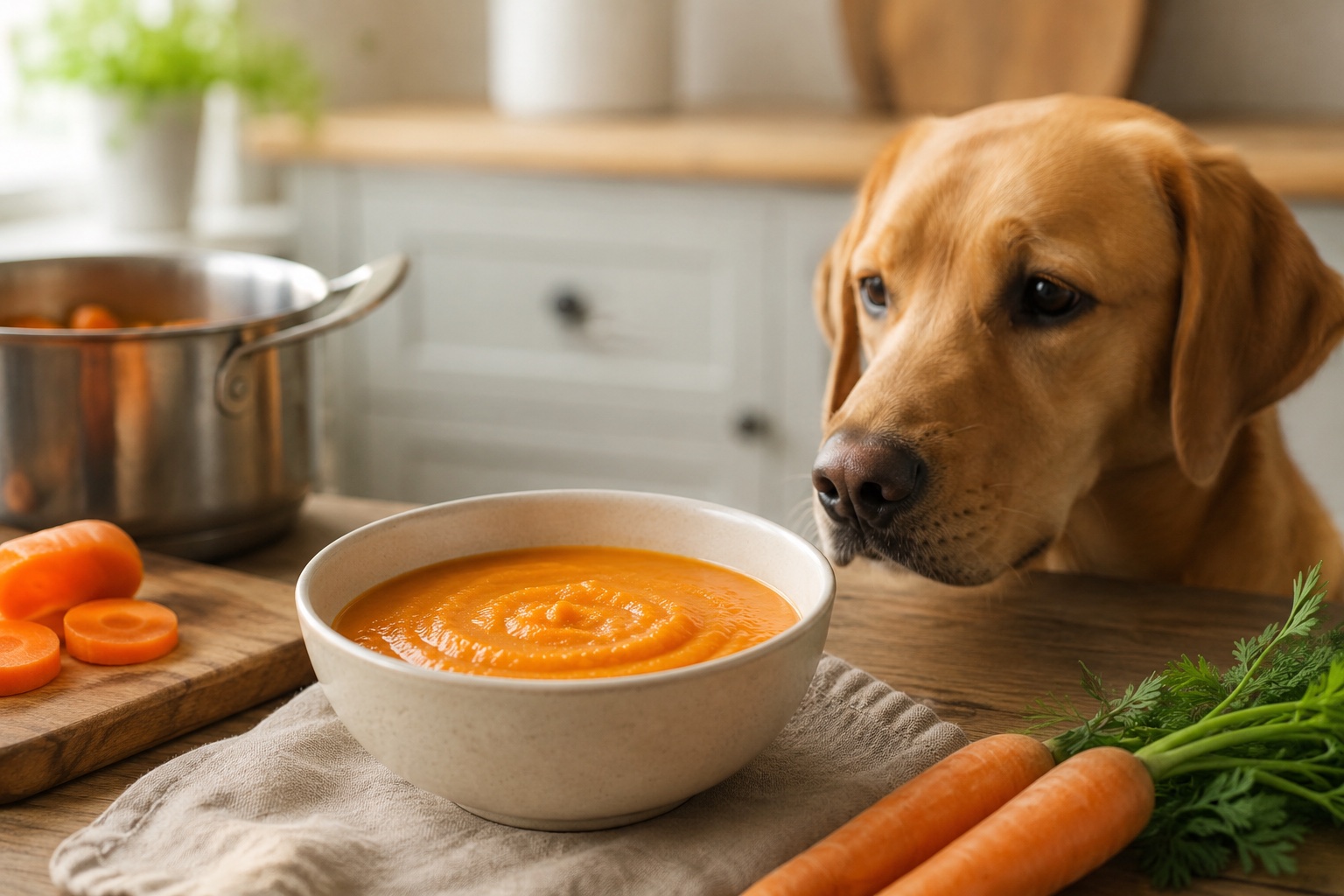 Labrador schaut auf eine Schüssel Morosche Karottensuppe, daneben Karotten und Kochtopf in der Küche