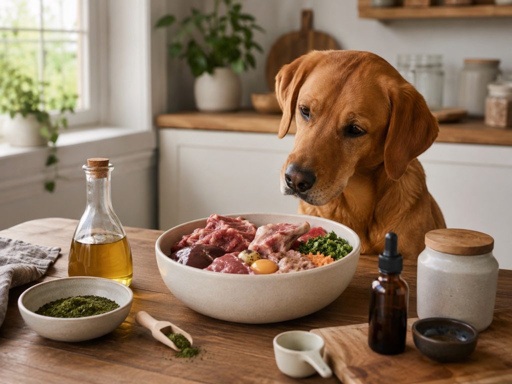 Nahrungsergänzung für Hunde neben einem Napf mit roher Ration: Öl, Pipettenfläschchen, Pulver und Kräuter auf einem Holztisch, dahinter ein foxred Labrador.