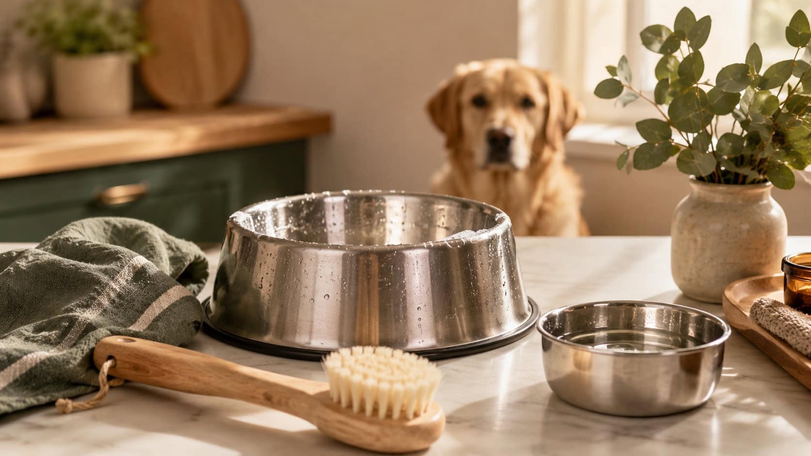 Gereinigter Edelstahl-Hundenapf mit Wassertropfen und Holz-Napfbürste auf einer hellen Küchentheke, im Hintergrund ein Golden Retriever