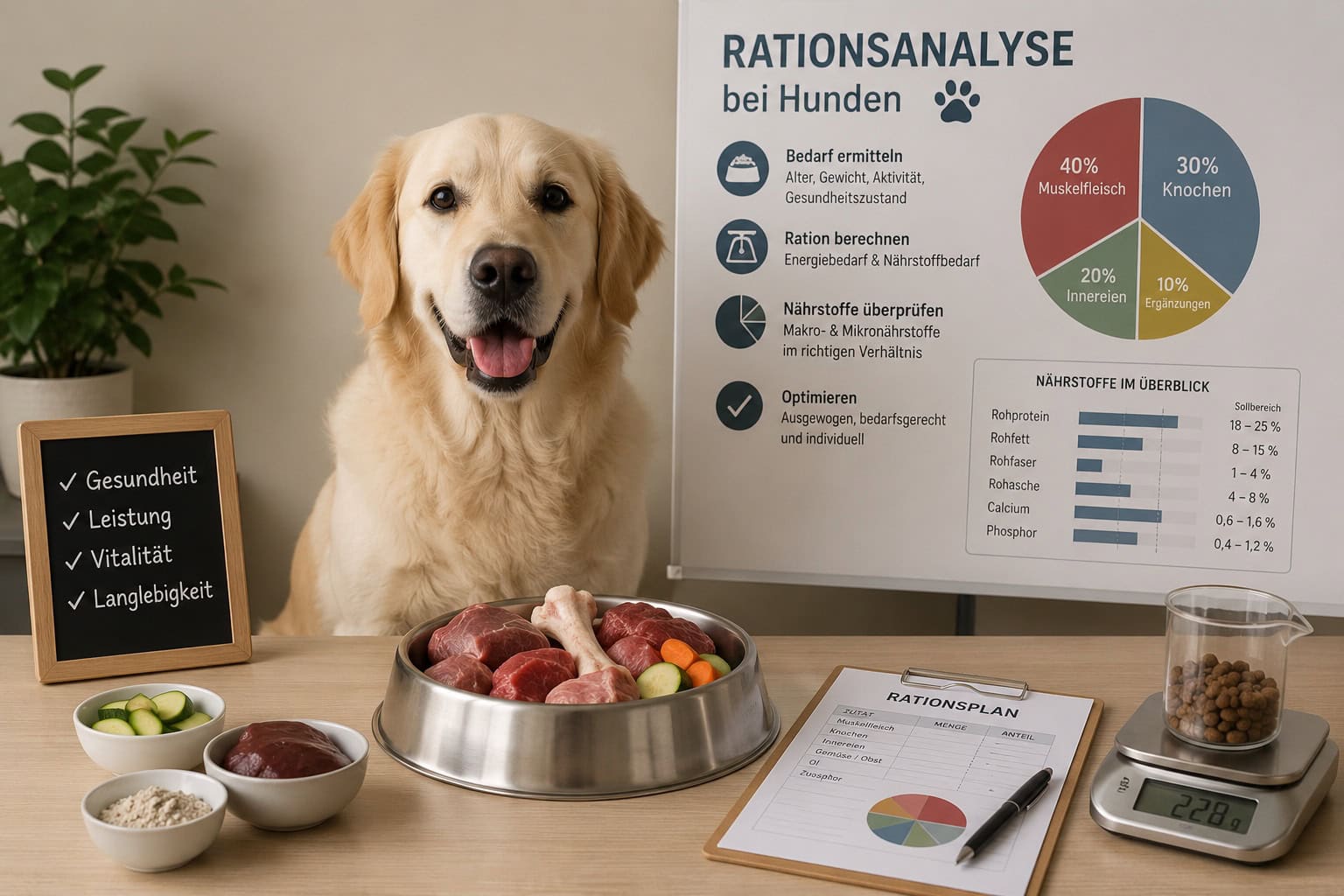 Rationsanalyse beim Hund: Labrador neben Napf mit Rohfleisch, Infografik und Futterwaage – foxred & brindle