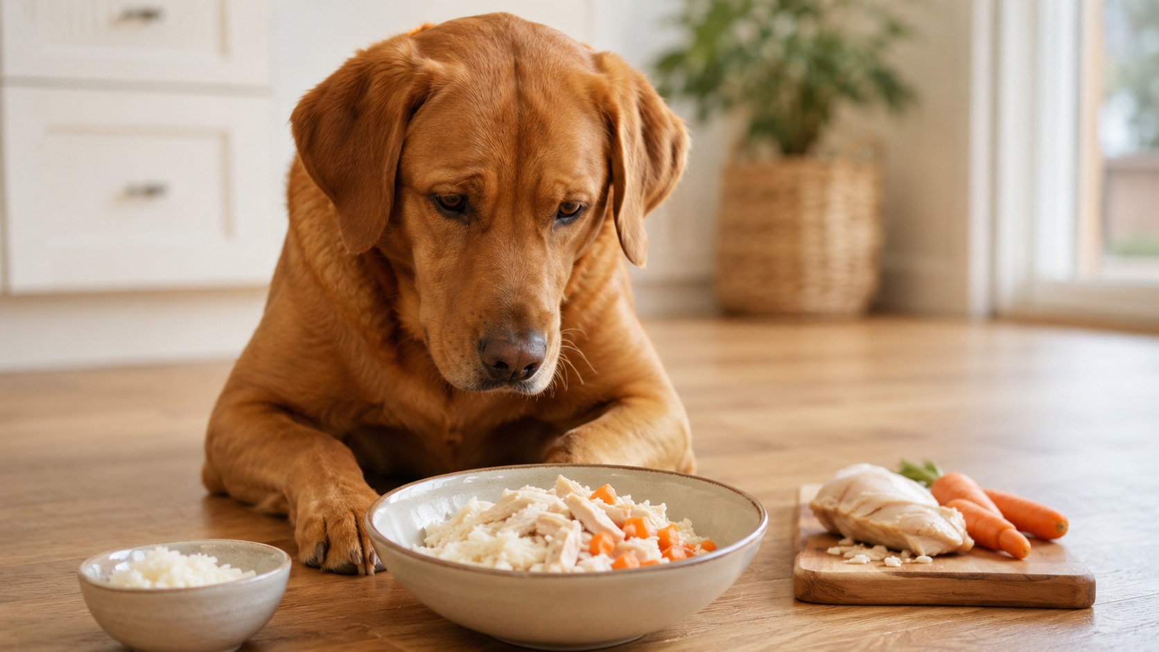 Hund liegt vor einem Napf mit Schonkost aus Hühnchen und Reis
