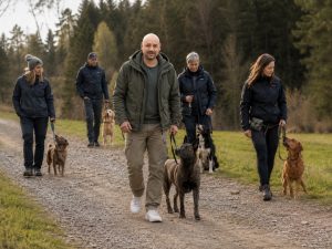 Gruppe geht mit Hunden an lockerer Leine und mit Abstand
