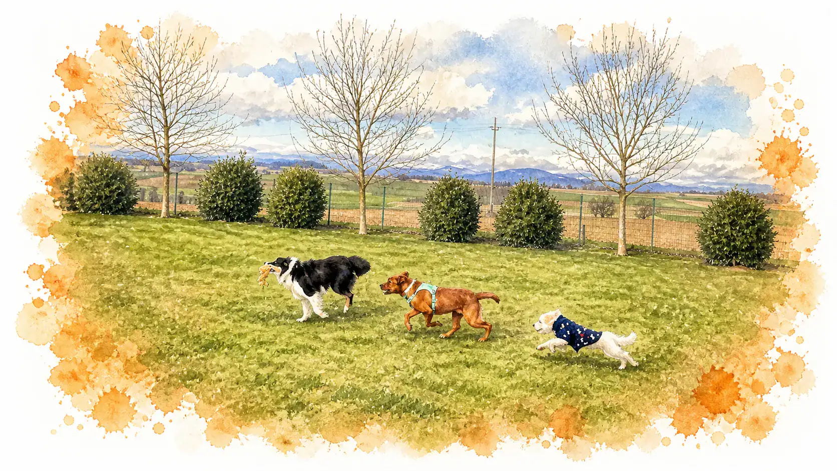 Aquarell-Illustration spielender Hunde auf einer Wiese aus dem Blog «Mein Leben mit Torvi»