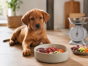 foxred Labrador-Welpe neben einem BARF-Napf mit Fleisch und Gemüse, daneben eine Küchenwaage