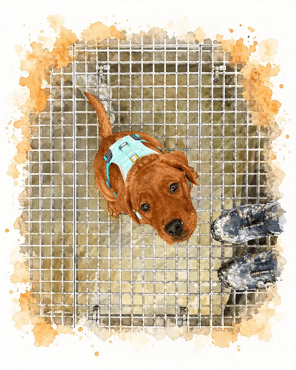 Aquarell-Illustration eines Welpen in einer Hundebox