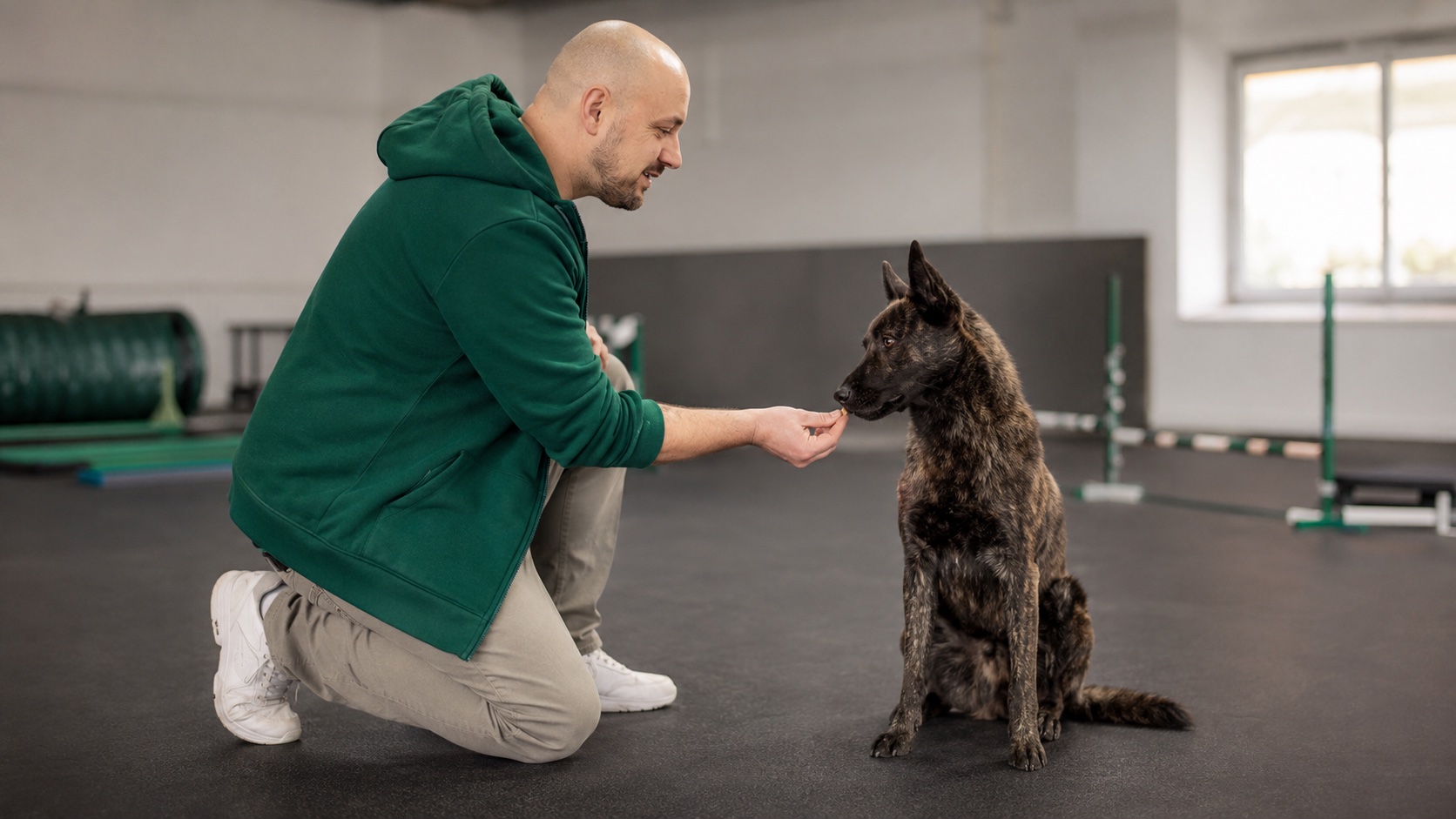 Hundetrainer gibt einem aufmerksam sitzenden Hund ein Leckerli als positive Verstärkung bei foxred & brindle in Liestal