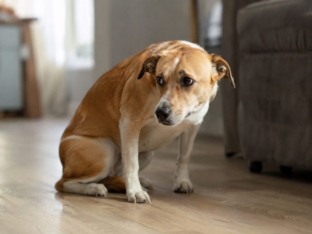 Ängstlich geduckter Hund mit angelegten Ohren sitzt in einem Wohnraum und schaut zur Seite.