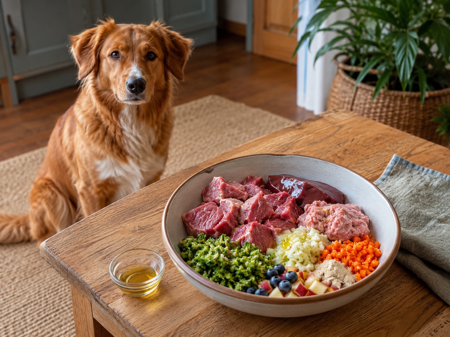 Schale mit den Bestandteilen einer BARF-Ration: Muskelfleisch, Leber, Gemüse, Obst und ein Schälchen Öl