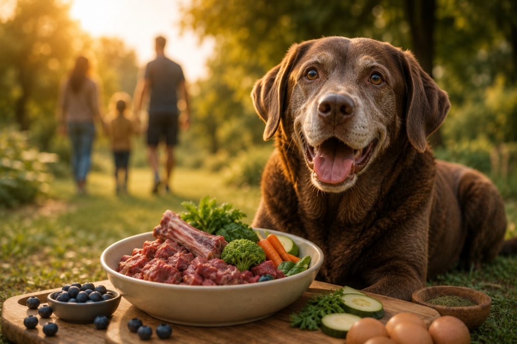 Brauner Labrador liegt neben einem Napf mit frischer Ration, im Hintergrund eine Familie beim Spaziergang