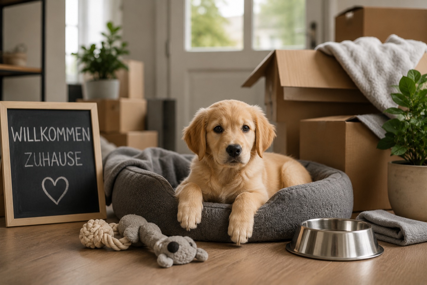 Golden-Retriever-Welpe im Hundekörbchen zwischen Umzugskartons mit «Willkommen Zuhause»-Schild