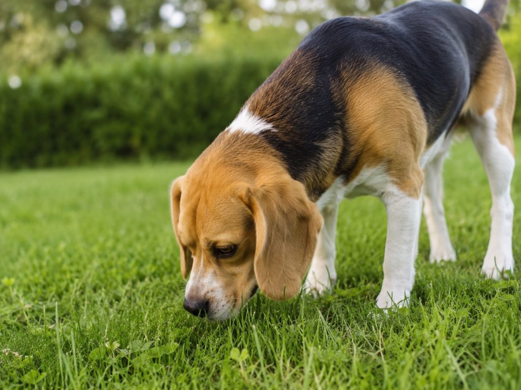 Beagle schnüffelt und frisst Gras auf einer grünen Wiese