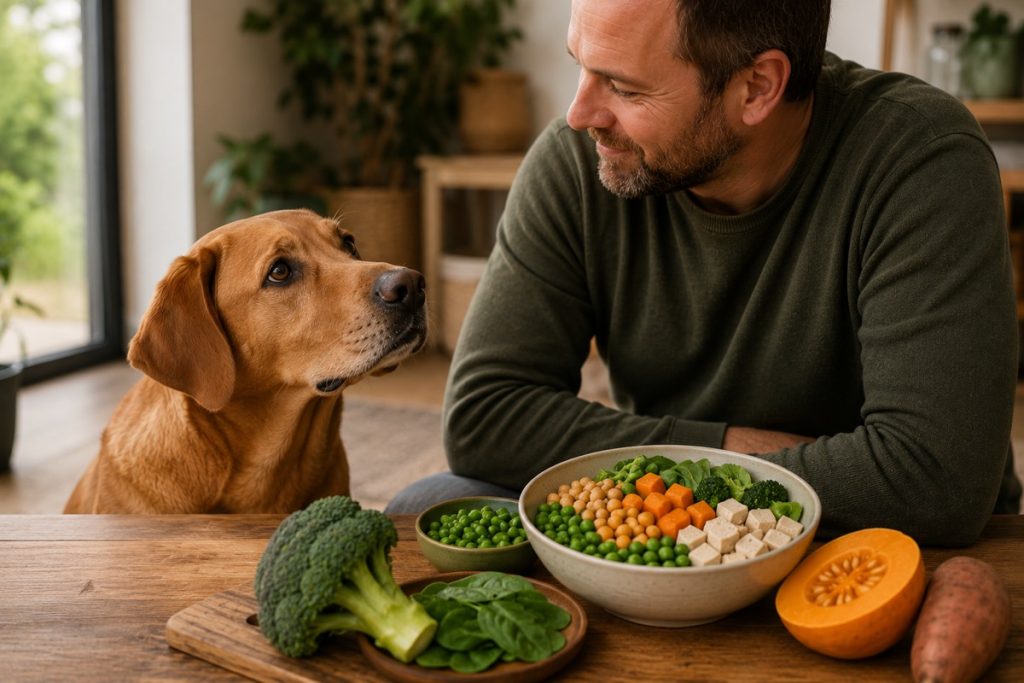 Mann sitzt am Tisch neben einem Hund, davor eine Schüssel mit Gemüse, Tofu und Kichererbsen.