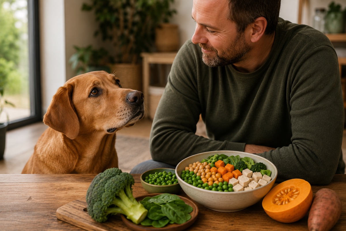Mann sitzt am Tisch neben einem Hund, davor eine Schüssel mit Gemüse, Tofu und Kichererbsen.