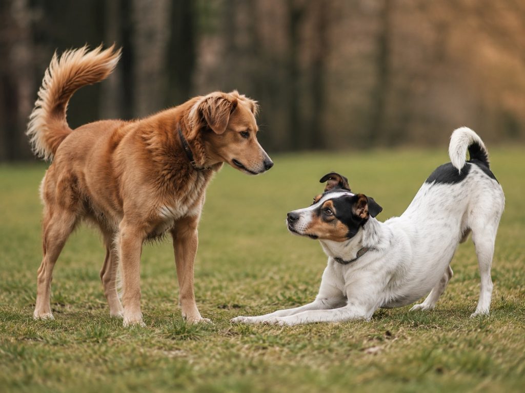 Zwei Hunde begegnen sich auf einer Wiese: ein foxred Hund steht seitlich, ein weiss-brauner Terrier zeigt einen Play Bow mit tiefem Vorderkörper und erhobenem Hinterteil als Spielaufforderung.