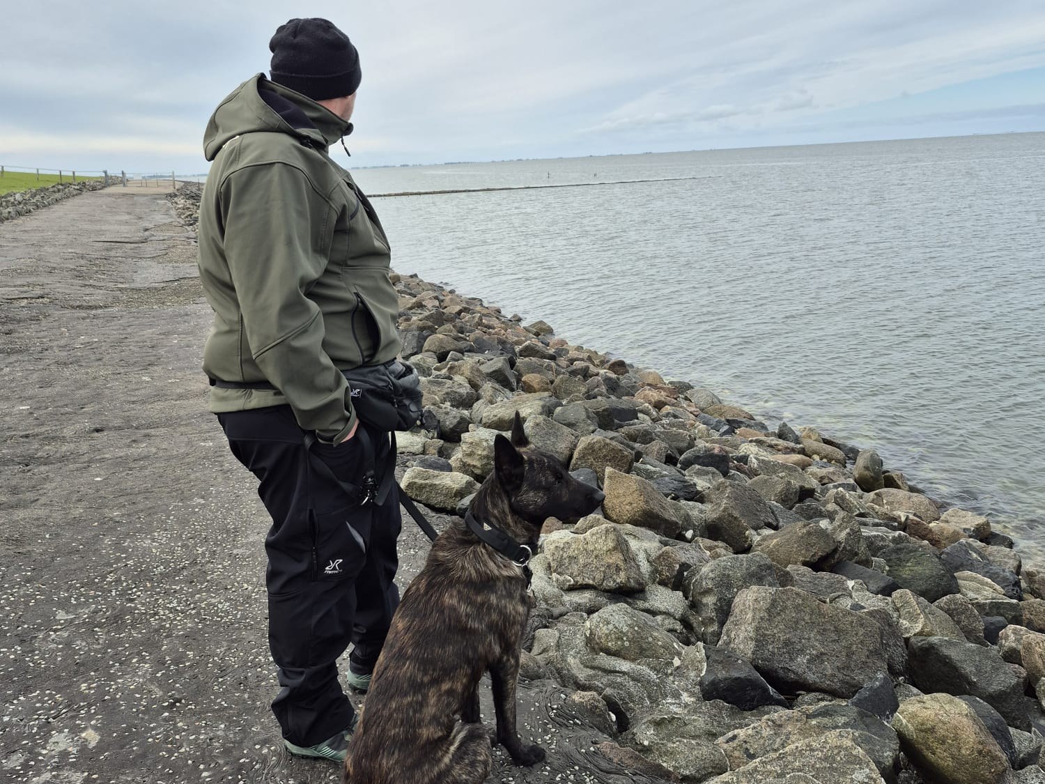 Jens Meyer und Chewie blicken vom Deich aufs Meer