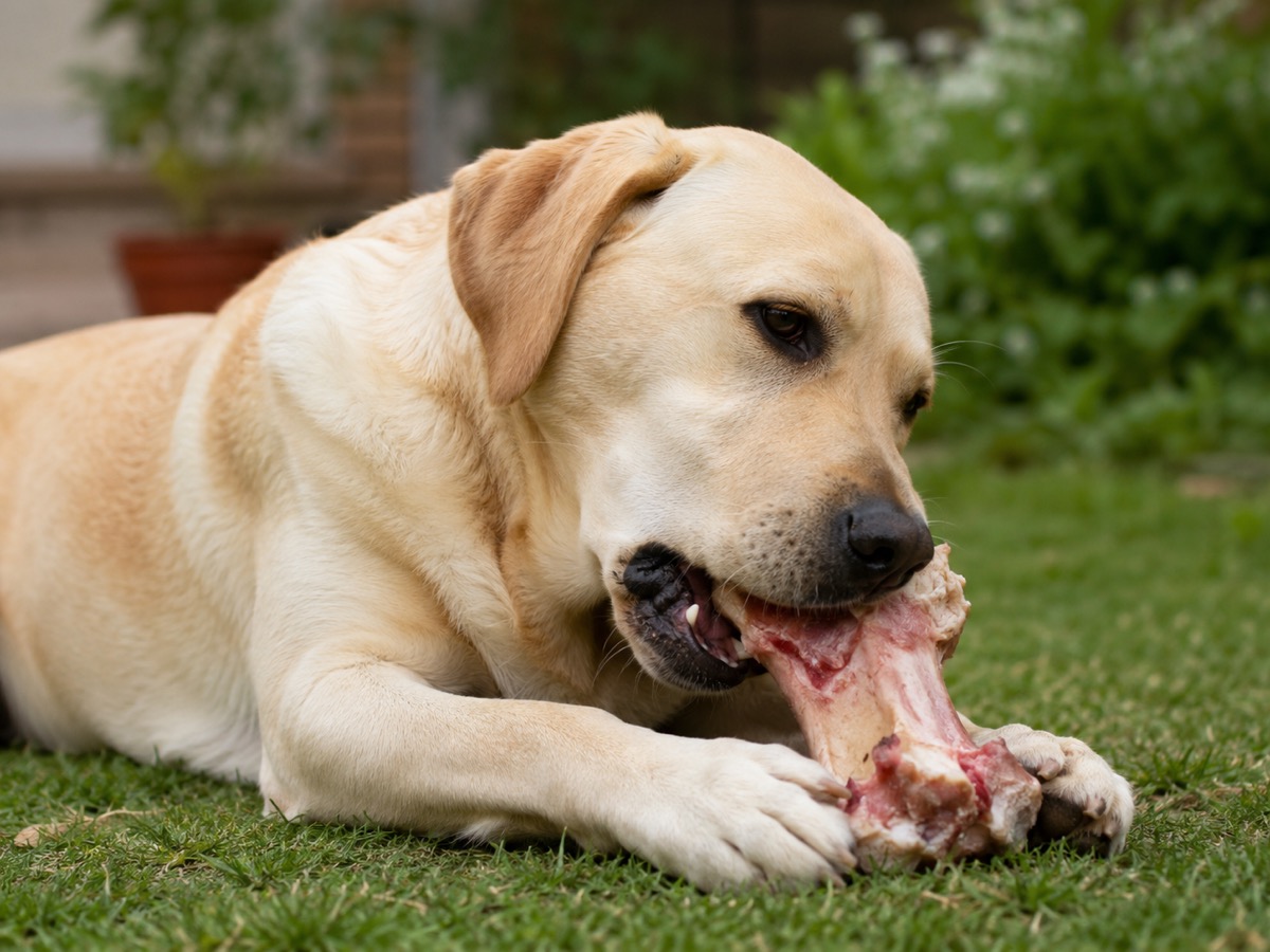 Gelber Labrador liegt im Gras und kaut auf einem grossen rohen Knochen.