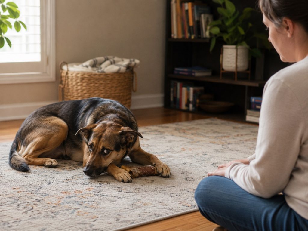 Hund liegt auf einem Teppich, bewacht einen Kauartikel und beobachtet aus dem Augenwinkel eine sitzende Person.