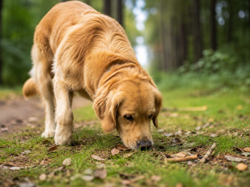 Golden Retriever schnüffelt konzentriert am Waldboden auf einem Spazierweg.