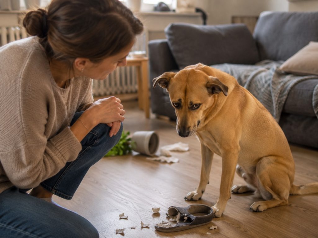Frau kniet vor einem kleinlaut wirkenden Hund; im Hintergrund ein umgekippter Topf und ein zerkauter Hausschuh auf dem Boden.