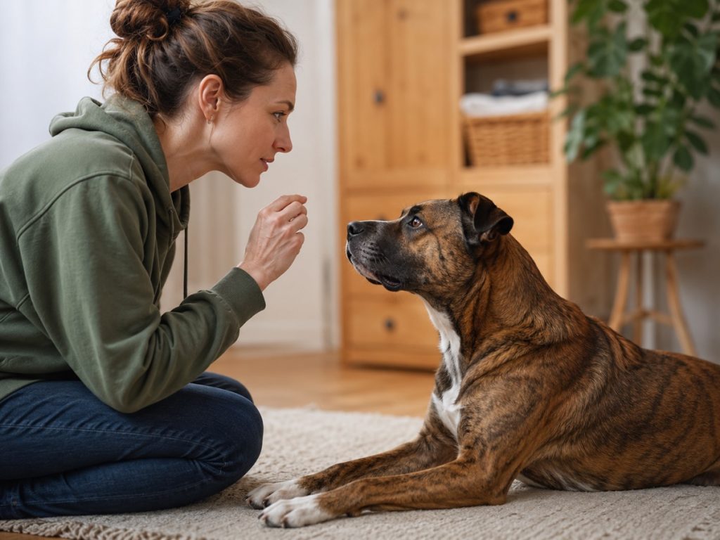 Frau gibt einem aufmerksam liegenden Hund im Wohnzimmer ein Handzeichen.