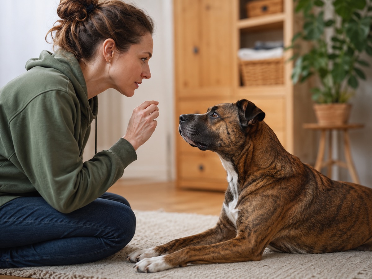 Frau gibt einem aufmerksam liegenden Hund im Wohnzimmer ein Handzeichen.