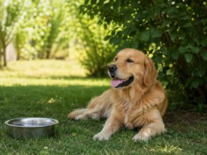 Golden Retriever liegt hechelnd im Schatten eines Strauchs auf dem Rasen, daneben ein Napf mit Wasser