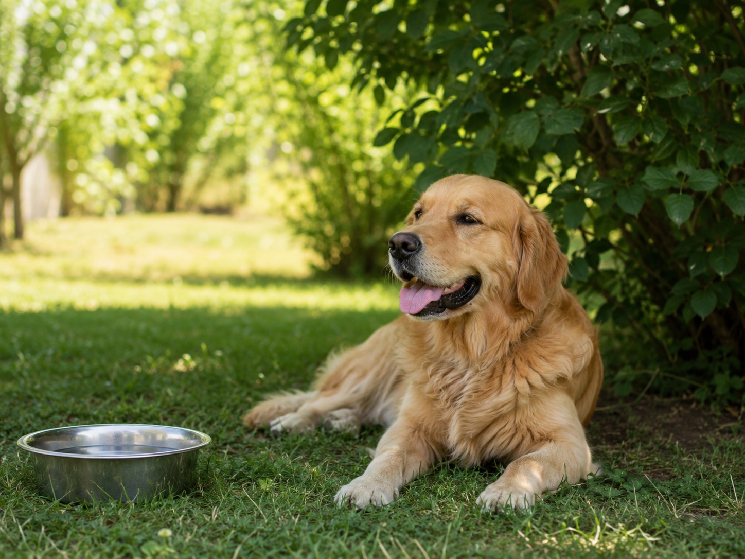 Golden Retriever liegt hechelnd im Schatten eines Strauchs auf dem Rasen, daneben ein Napf mit Wasser