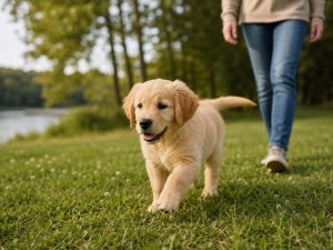 Golden-Retriever-Welpe läuft neben einer Person auf einer Wiese