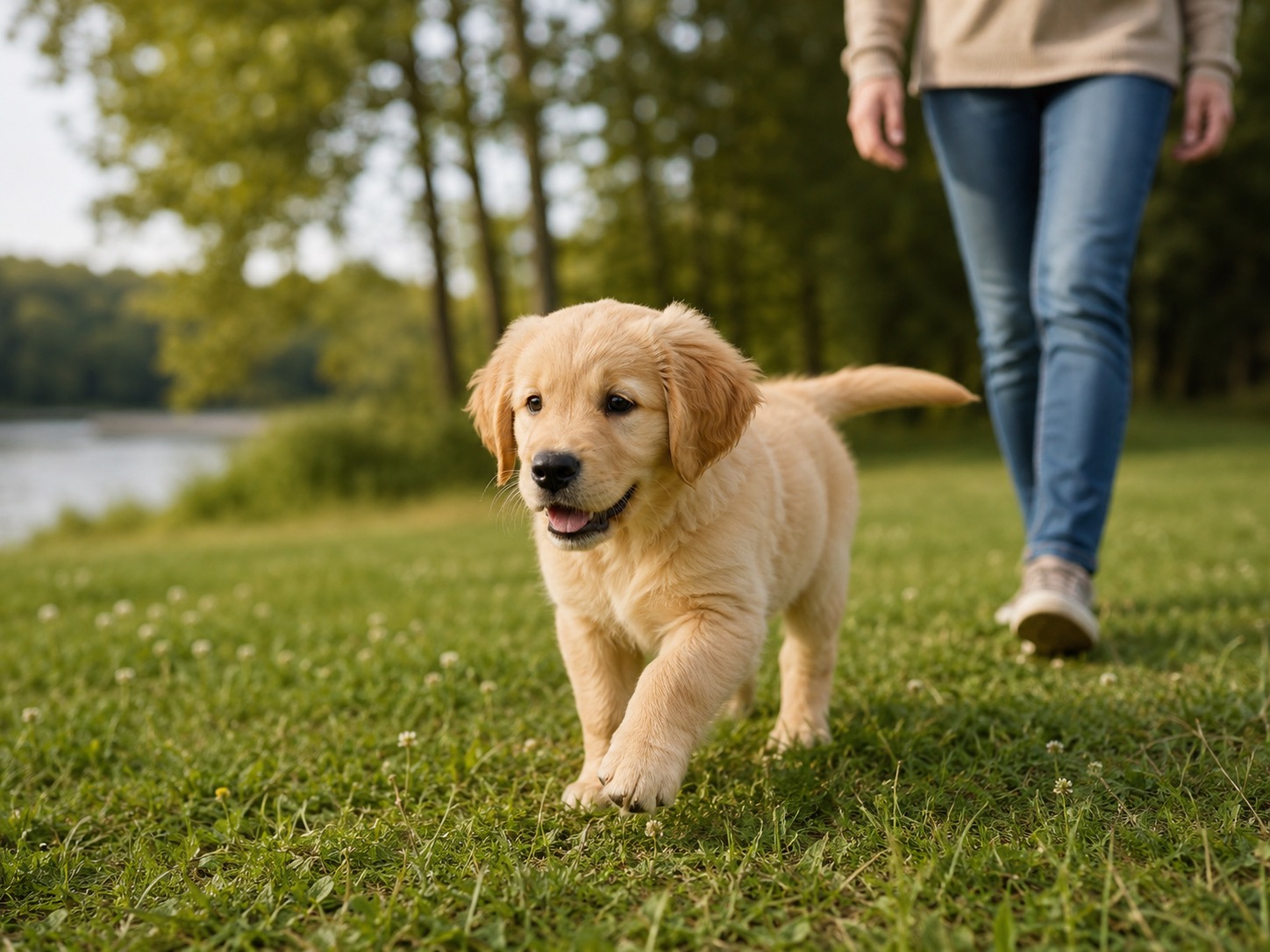 Golden-Retriever-Welpe läuft neben einer Person auf einer Wiese