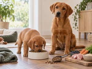 Foxred Labrador-Welpe frisst Trockenfutter aus einem Napf, daneben sitzt ein Junghund, im Hintergrund Futterschaufel, Fleisch und Gemüse